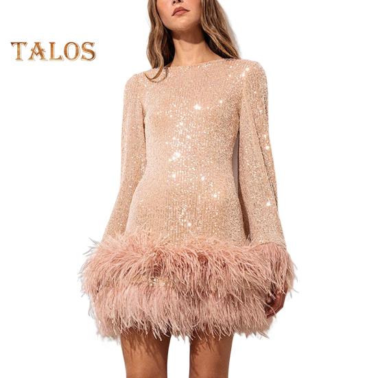 

Женское вечернее платье с тонкой талией, блестками и перьями, с открытой спиной, длинными рукавами, с круглым вырезом, короткое платье для выпускного вечера, свадьбы, мини-платье L