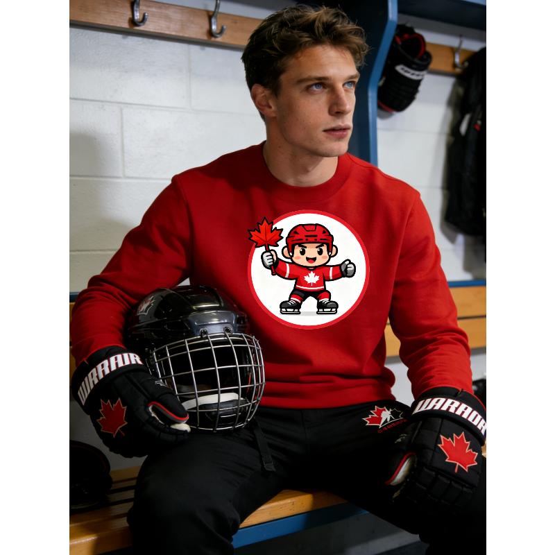 Hockey Print Crew Neck Sweatshirt Wrinkle Resistant Easy Care Outdoor Casual Top