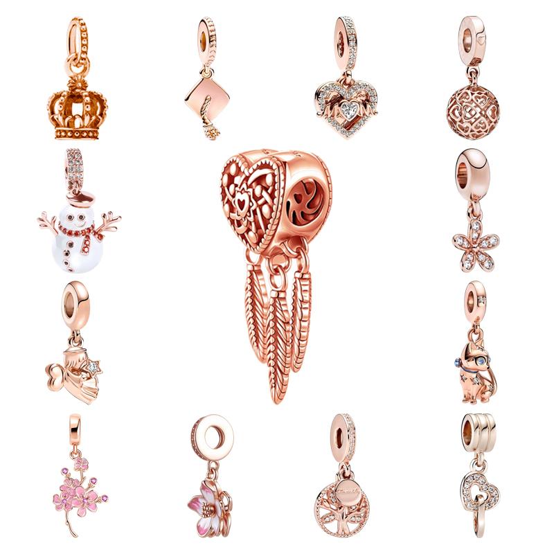 New Charms Sparkling Rose Gold Airplane, Globe & Suitcase Triple Heart Winged Angel Diy Jewelry Gift Fit Original Bracelet Beads