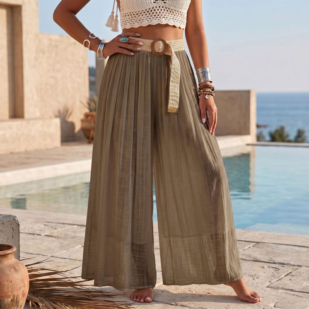 Women High Waist Pleated Wide Leg Pants Cotton Linen Casual Long Trousers with Belt for Relaxed Everyday Wear