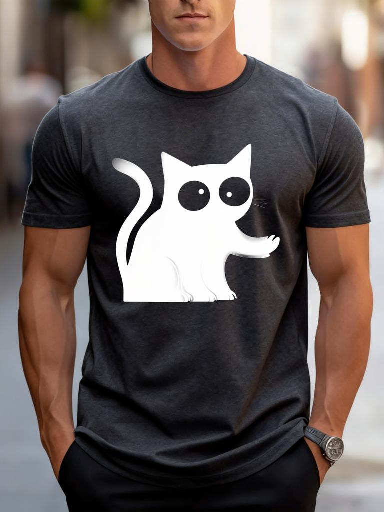 Unisex Black Crew Neck Tee Cute White Big Eyes Cat Print Oversized Short Sleeve Unisexs Summer Streetwear Casual Daily Basic Wear Top