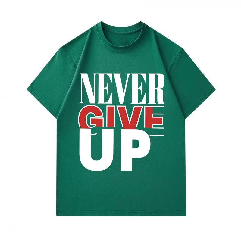 Men's 100% Cotton Crew Neck Short Sleeve T-Shirt, Never Give Up Inspirational Letter Print Casual Soft Breathable Regular Fit Summer Tee for Daily Wea