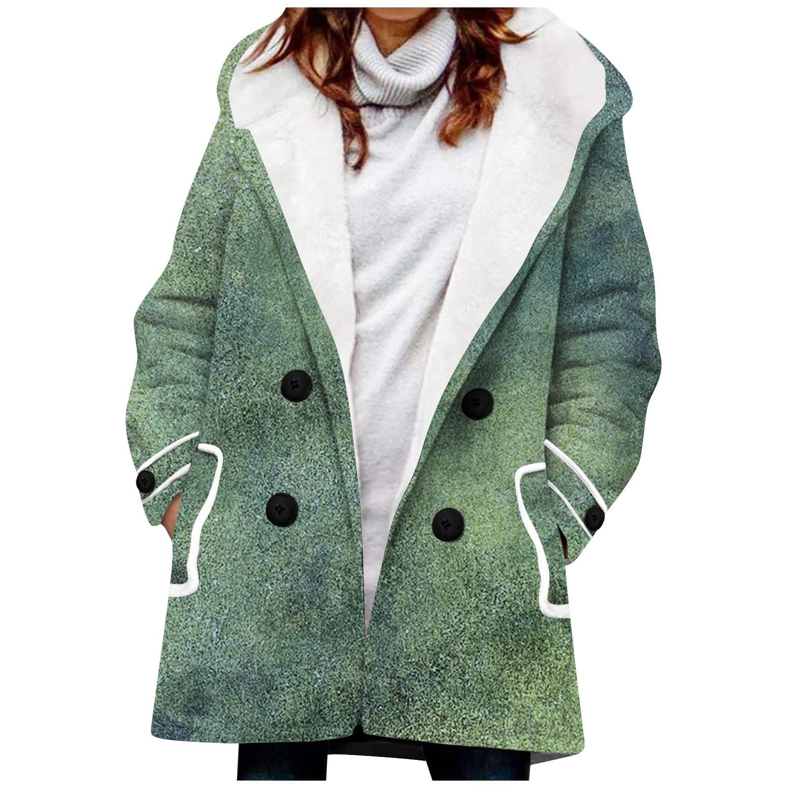 

Женское зимнее пальто, теплое мохнатое пуховое пальто с капюшоном и принтом на пуговицах, куртка M темно-зеленого