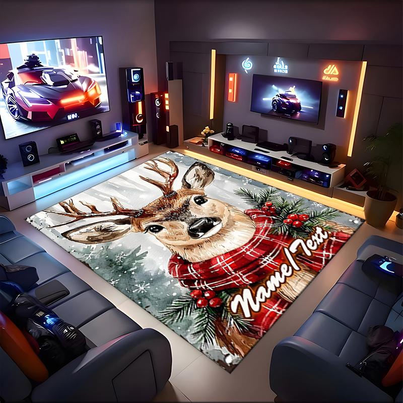 1PC Custom Name Winter Deer Plaid Theme Floor Mat Ideal for Living Room, Game Rooms, Office, Bedroom,Floor Mat Playful Design
