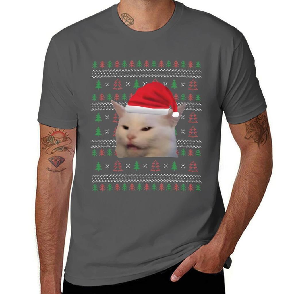 WoUnisex Yelling At Cat Ugly Christmas Sweater Funny Memes T-Shirt Streetwear Print Tee Shirt