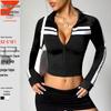 European & American Women's Color Block Striped Zipper Sports Jacket - Slim Fit Yoga Stand Collar 