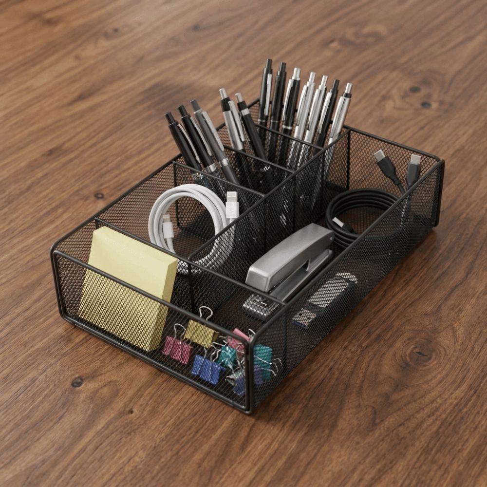 Iron Metal Desk Organizer Hollow Mesh Office Storage Basket Stationery Storage Box  Desktop Use