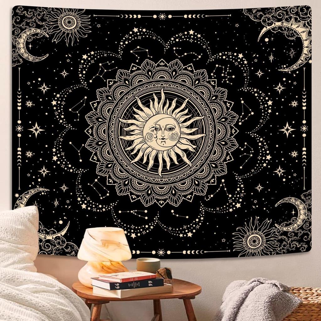ARTCREATOR Sun and Moon Tapestry, Black Golden Mandala Tapestries Astrology Space Wall Hanging Boho Hippie Decor for Bedroom, Living Room, Ceiling