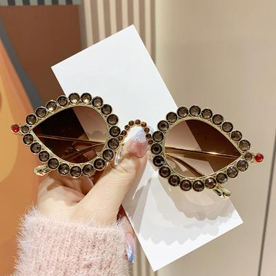 Diamond Studded Small Frame Cat Eye Y2k Sunglasses, High-end Luxury Ball Metal Sunglasses, Retro New Peacock Glasses 81064