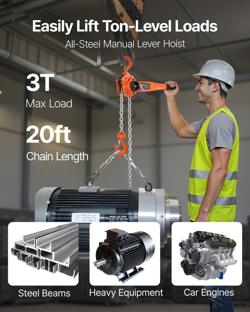 Manual Lever Chain Hoist, 3T 3000KG Capacity Heavy Duty Come Along, 6M Lift G80 Alloy Steel Chain With Dual Pawl Mechanical Brake, 360° Rotating