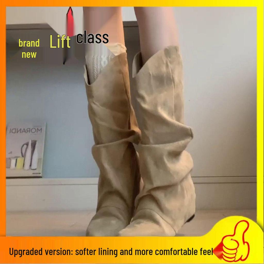 G5U Lammfell Spitzzehen Geraffte Overknee Westernstiefel für Damen