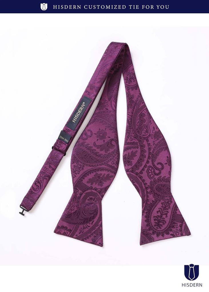 [HISDERN] Men's Bow Tie, Purple, Solid Color, Hand-Tie, with Pocket Square Set, Paisley Pattern, Perfect for Weddings, Receptions, Entrance