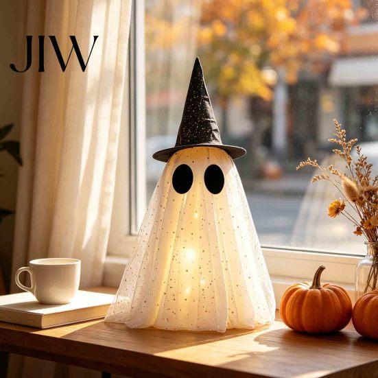 Strašidelná atmosféra Halloweenské ozdoby Duchí dekor, Strašidelná síťovina s flitry a kloboukem čarodějnice/mašlí, Třpytivá stolní dekorace Malá stojící dekorace