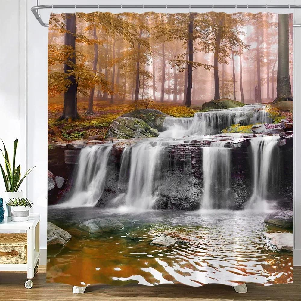 Autumn Waterfall Landscape Shower Curtains Forest Maple Red Leaves Plant Wild Tiger Fall Nature Scenery Cloth Bathroom Decor Set