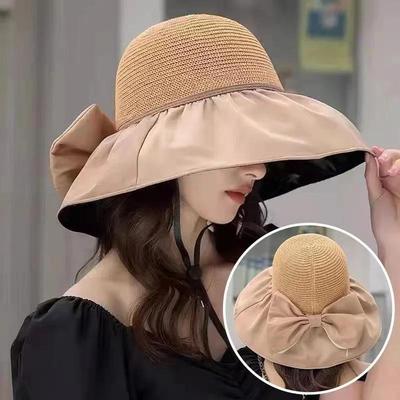 Women's Summer Sunhat Wide Brim Hat Big Bowknot Fisherman Hat Foldable Beach Cap Outdoor Travel Sunscreen Cap