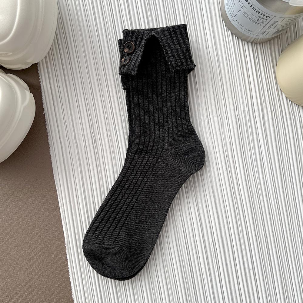 2025 New Turn-Up Cuff Socks with Hand-Sewn Buttons INS Causal Decorative Mid-Calf Cotton Socks for Girle Trendy Crew Socks