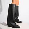 Mode Mode Bottes Hautes au Genou à Jambes Larges pour Femmes Bout Pointu Talon Compensé Chaussures d'Hiver Femme Style Street Cuir PU Noir Bottes Longues