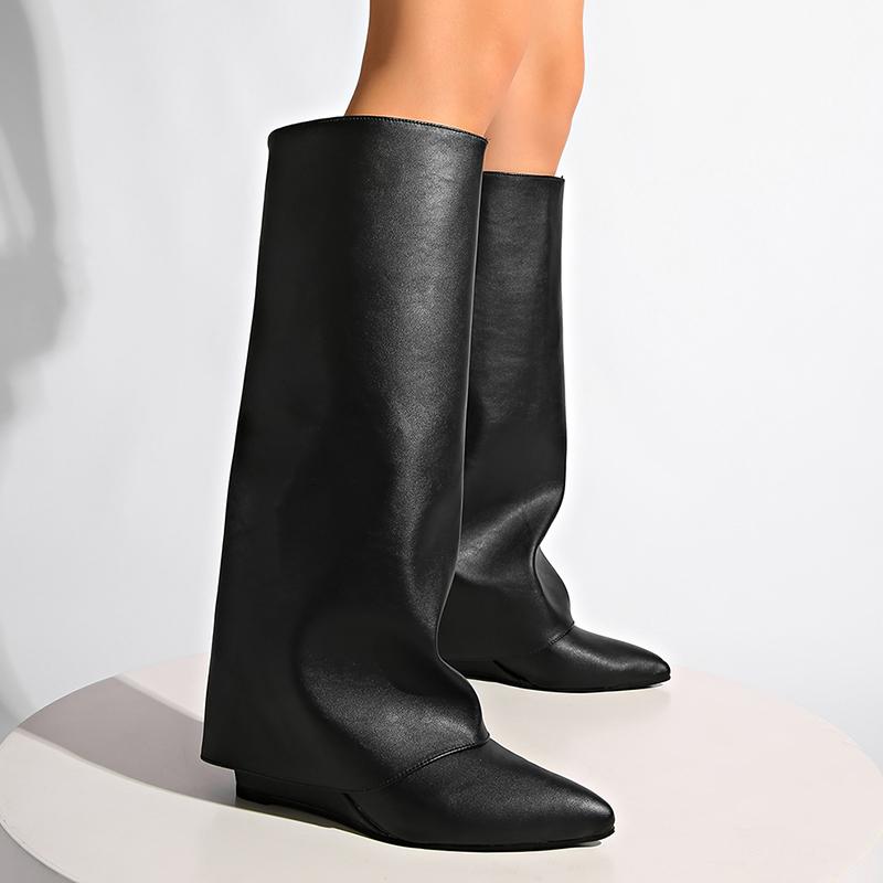 Mode Mode Bottes Hautes au Genou à Jambes Larges pour Femmes Bout Pointu Talon Compensé Chaussures d'Hiver Femme Style Street Cuir PU Noir Bottes Longues