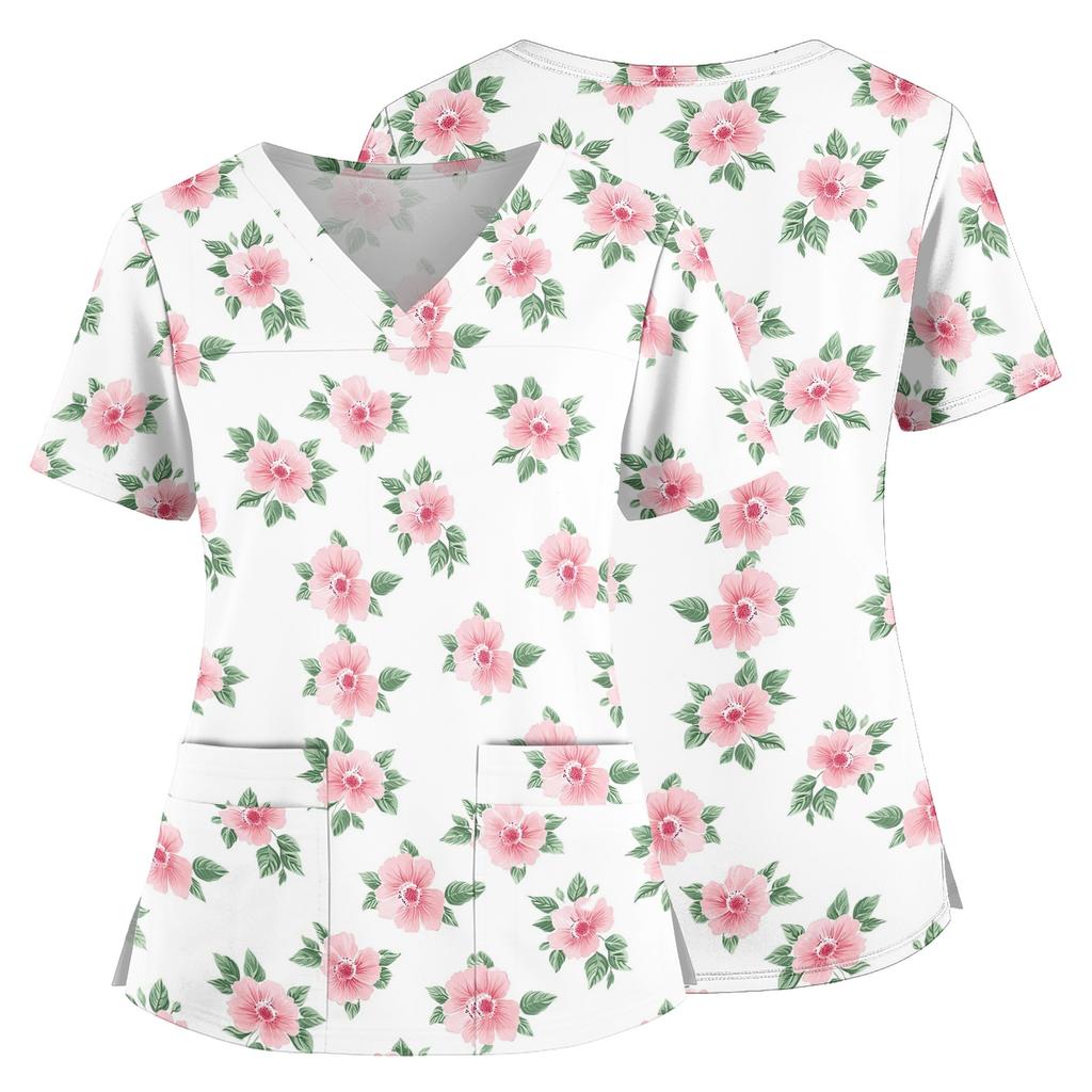 Women Floral Print V Neck Scrub Top with Pockets Side Slits Short Sleeve Medical Uniform Shirt for Healthcare Professionals