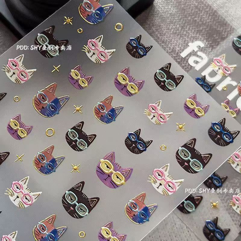 Y2K Cute Shiny Cat Nail Stickers, Colorful Glitter Kitten Designs, Waterproof Nail Decals, DIY Nail Art Decorations