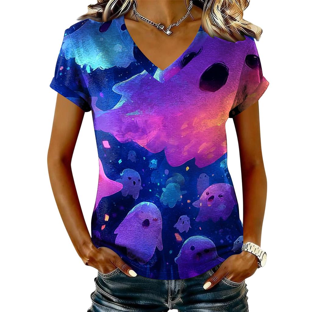 Women's V-Neck Short Sleeve Halloween Print T-Shirt Casual Pullover Top