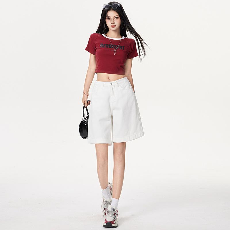 

Retro Spicy Girl Elastic Waist Five-Point Denim Shorts – Women s Summer Mid-Length Wide-Leg Pants S грязно-белый