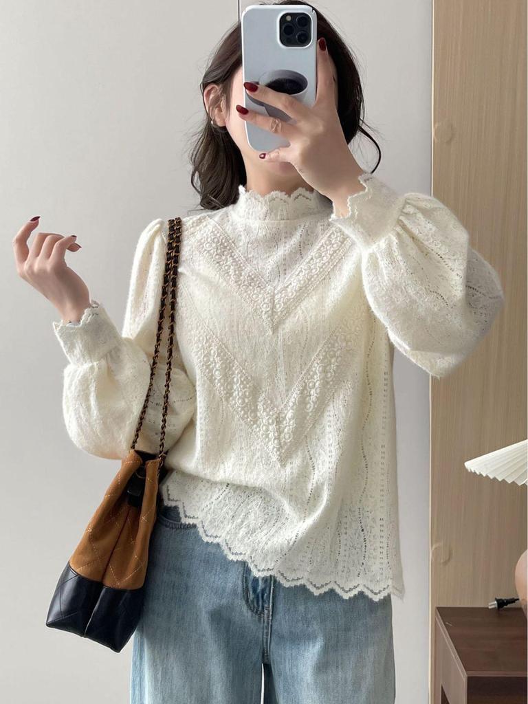 2026 Spring/Summer French Court Style Lace Half-High Collar Layering Top