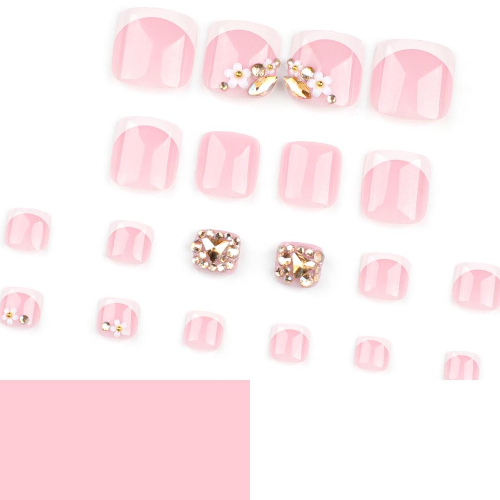 French White Edge Rhinestone Press-On Toenails with Flower Nail Art - Super Sparkly Nail Tips