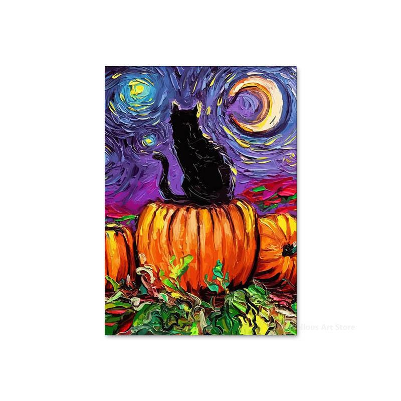 Sternennacht Katze Abstrakte Tier Poster und Drucke Vintage Leinwand Malerei Wand Kunst Bild für Wohnzimmer Korridor Wohnkultur