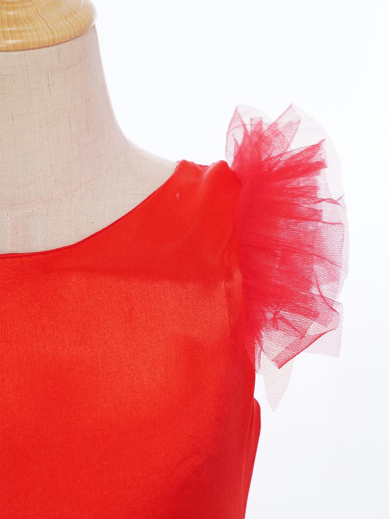 Mädchen Farbblock Tanzkleid Asymmetrische Schulter Stufenrüschen Weiter Saum Flamenco Kostüm Kopfbedeckung