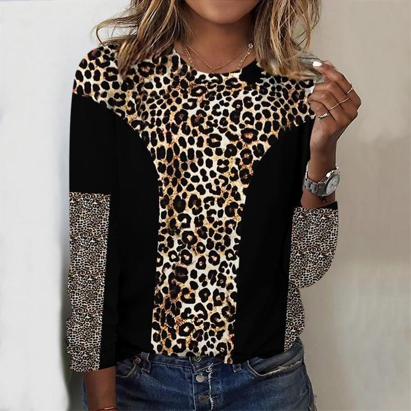 Spring and Autumn Round Neck 3D Leopard Printed Top Fashionable Casual Classic Long Sleeved Women's T-shirts