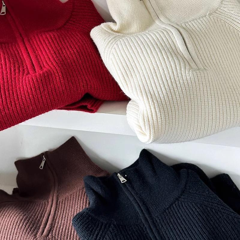 Poloviční vysoký límeček na zip Pletený svetr pro ženy Podzimní Lucerna Rukáv Vintage Volné Pulovry Svetry Zimní Silné Ležérní Jednobarevné Teplé svetry 25404
