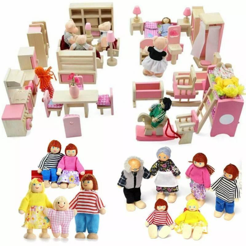 Entzückendes Holzpuppenhaus-Möbelset für Kinder mit farbenfrohen Schlafzimmer-, Küchen- und Wohnzimmer-Accessoires
