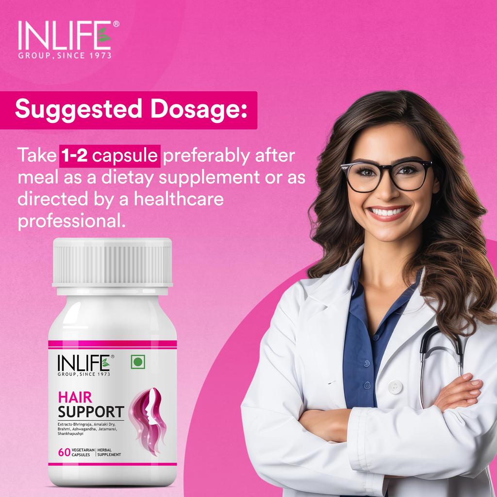 INLIFE Hair Support 500mg, Bhringraj Brahmi Ashwagandha, 60 Veg Capsules (Pack of 1, 60)