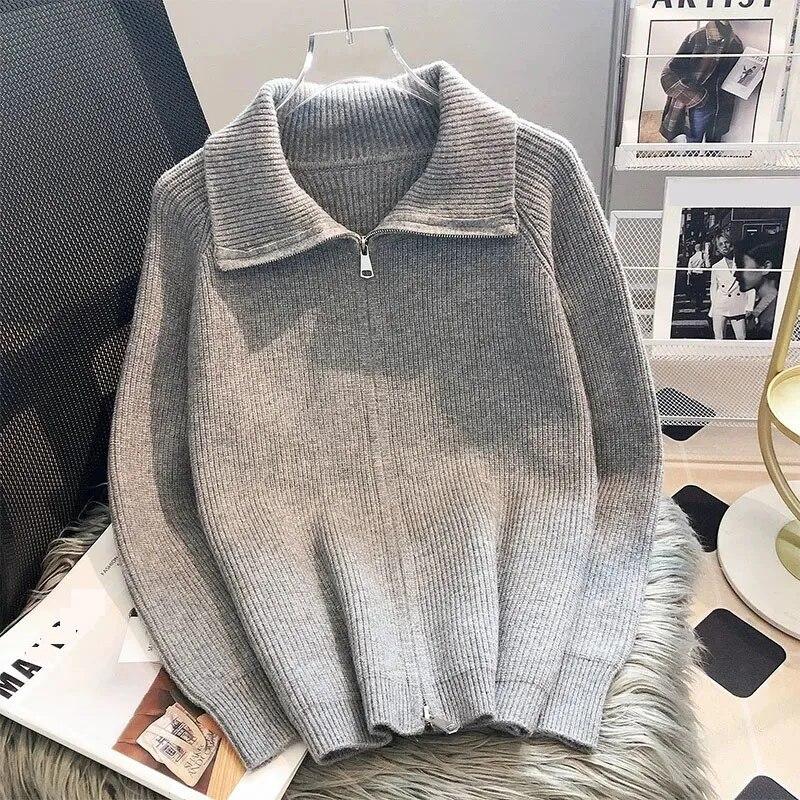 Dunkelgraue Strickjacke mit doppeltem Reißverschluss, kurzes Oberteil, Umlegekragen, Mantel für Damen, schlank, warm, lässig, solide, Pendeln, neue Mode, Frühling und Herbst