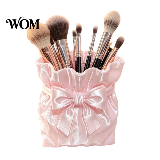 Concealer Brush Container Satin Bow Bag Makeup Holder, 3D Printed Beauty Tool Organizer Large Capacity for Desk, Bowknot Pouch Pencil Holder