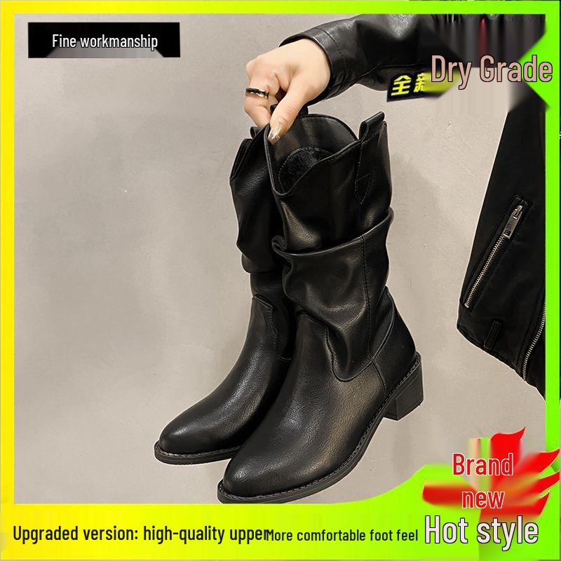 Koreanischer Stil Spitzschuh Blockabsatz V-Ausschnitt Geraffte Kurze Stiefel für Damen - 2025 Frühling/Herbst Western Cowboy Ritter Stil