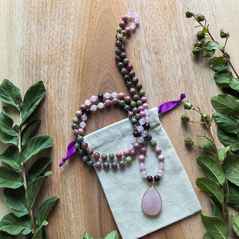 Watermelon Garnet,Rhodonite Mala,Rose Quartz Pendant,JapaMala,108 Hand Knotted Meditation Necklace,Yoga Jewelry,Healing Crystals 108CM