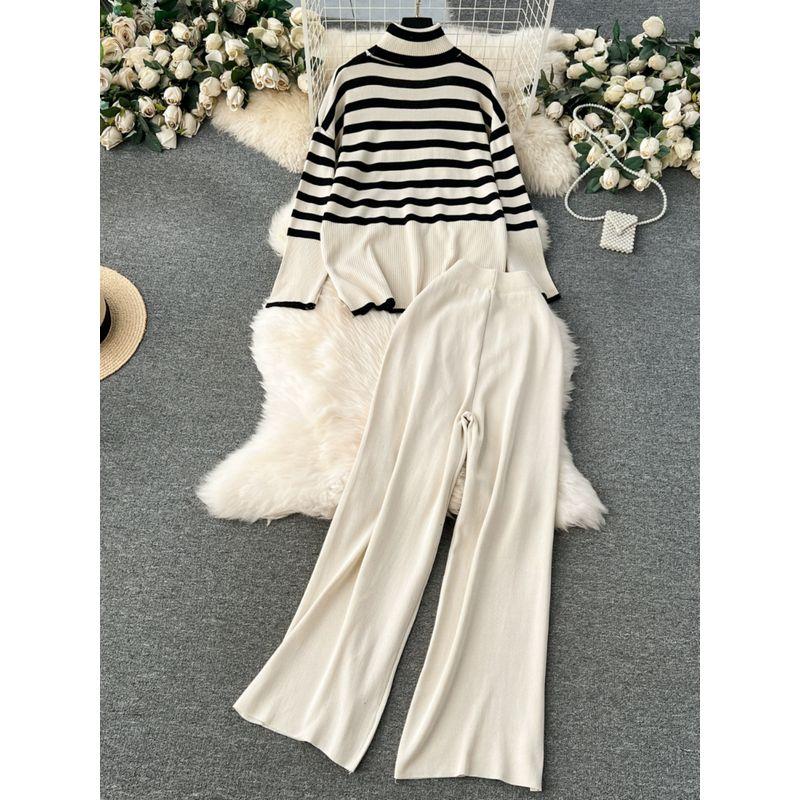 Idle Style Winter Clothing Matching Stripes Knitting Turtleneck Tops