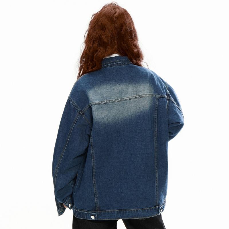 American Retro Embroidered Denim Jacket with Distressed Finish and Lapel, Unisex Street Style.
