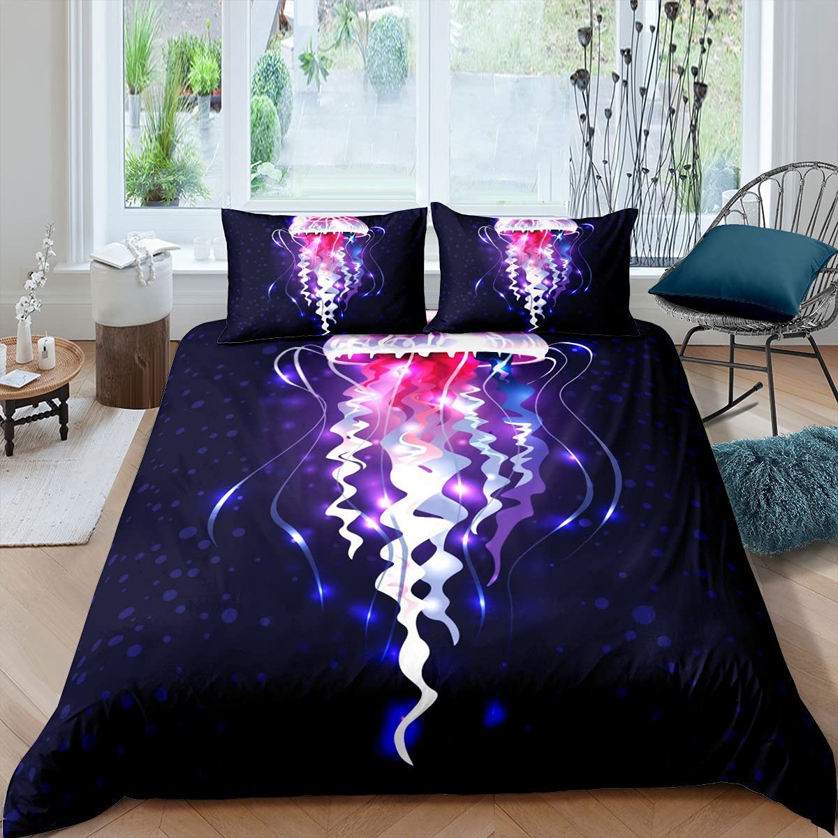 

Jellyfish Bedding Set Queen,Ocean Nautical Comforter Cover For Kids Boys Girls,Hawaii Beach Duvet Cover Teens Cute Sea Animal EU single(135x200cm)