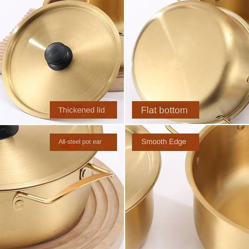 Korean Style Ramen Pot Stainless Steel With Lid Soup Pot Gold Plated Double Ear Hot Pot Camping Cookware