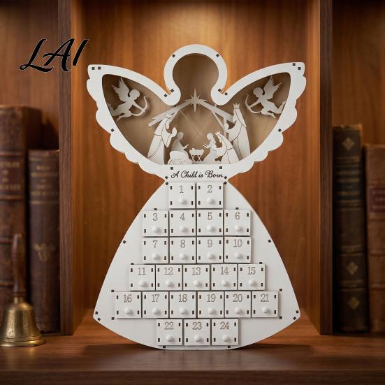 Advent Calendar for Candy Wooden Angel Christmas with 24 Storage Drawers Countdown Holiday to Tabletop Decoration Winter Party Favors LED Lighted