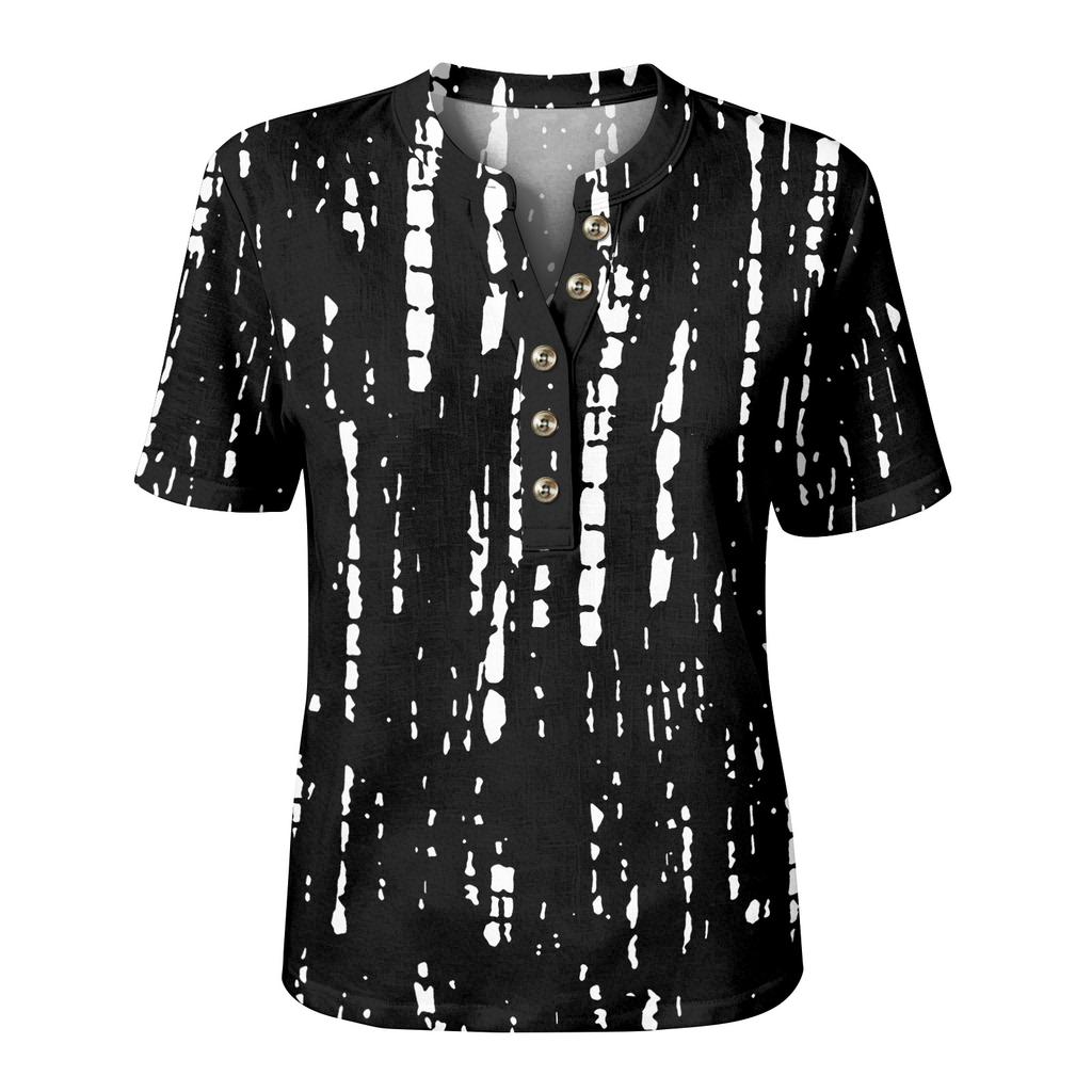 Women's Short Sleeve Henley Shirt Button Neck Linen Cotton Blend Casual Top with Printed Pattern Lightweight Breathable Summer Blouse