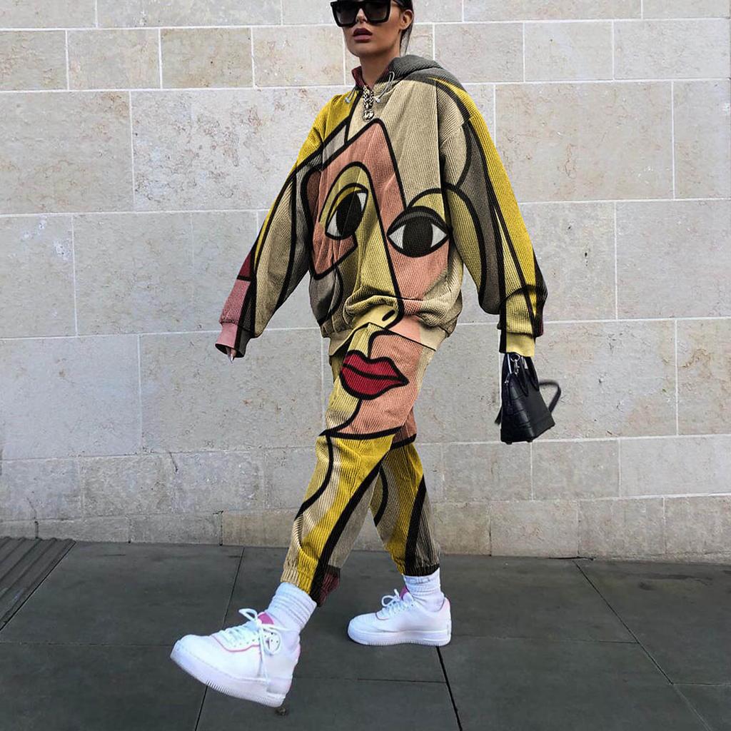 Fashion Keep Warm Winter Womens Printed Long Sleeve Tops+Long Pants 2 Piece Set