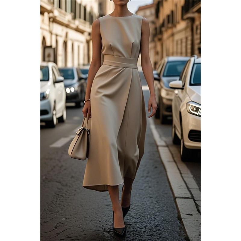 Dámské ležérní dlouhé šaty bez rukávů s kulatým výstřihem v jednobarevném provedení