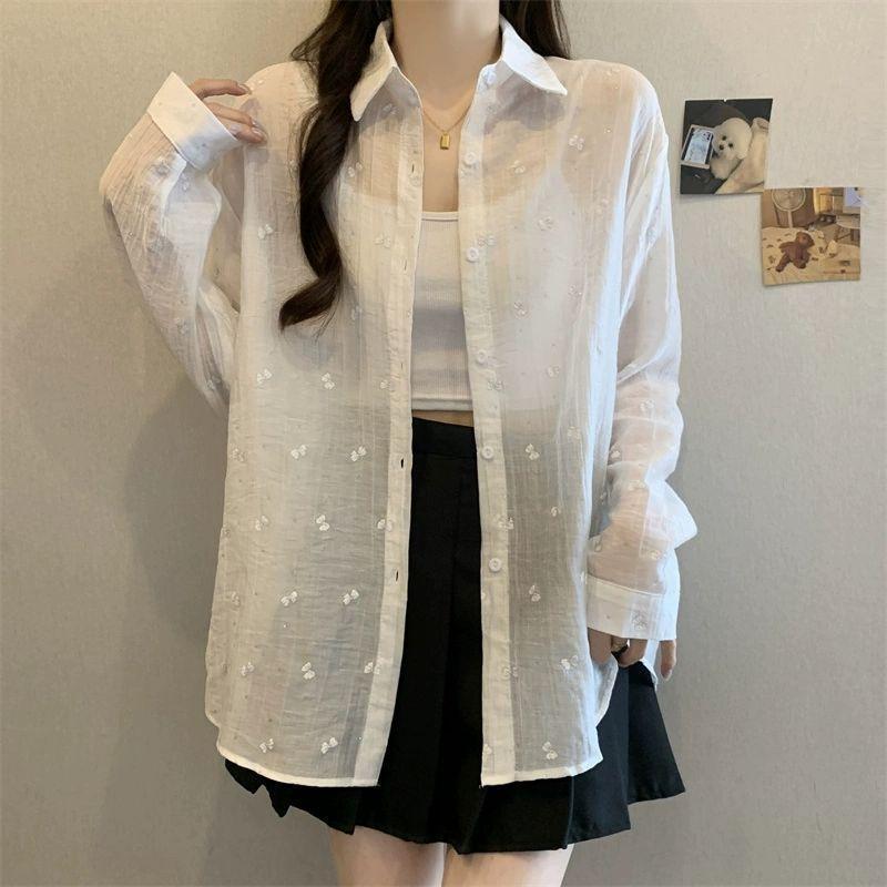 

Женская рубашка с длинными рукавами и карманами, однотонная солнцезащитная блузка для поездок на работу, легкая повседневная женская дышащая блузка 2XL белый