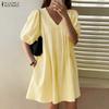 ZANZEA Women Casual V-Neck Loose Summer Half Sleeve Dress