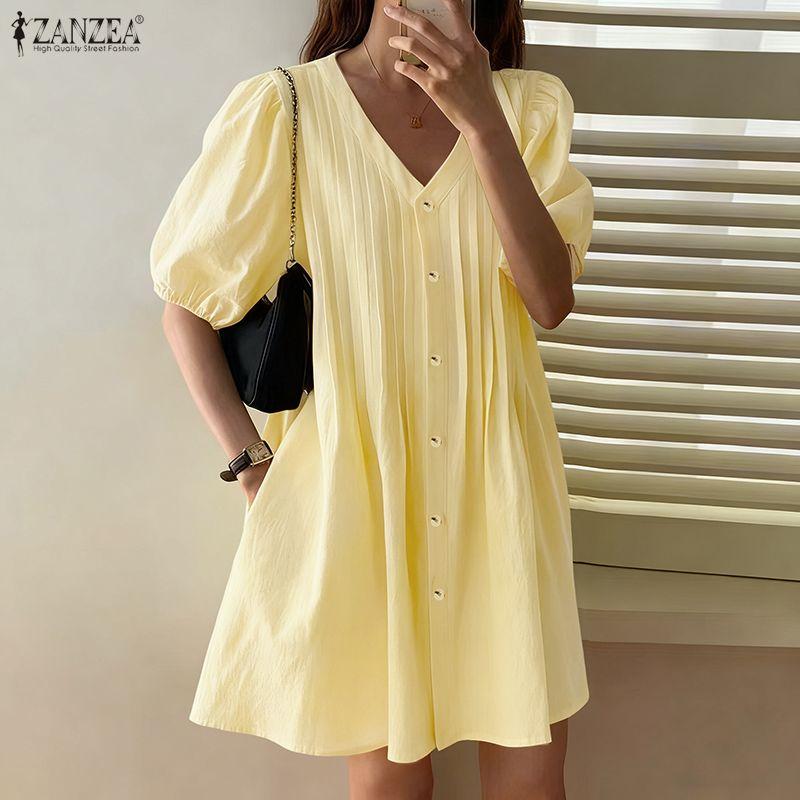 ZANZEA Women Casual V-Neck Loose Summer Half Sleeve Dress