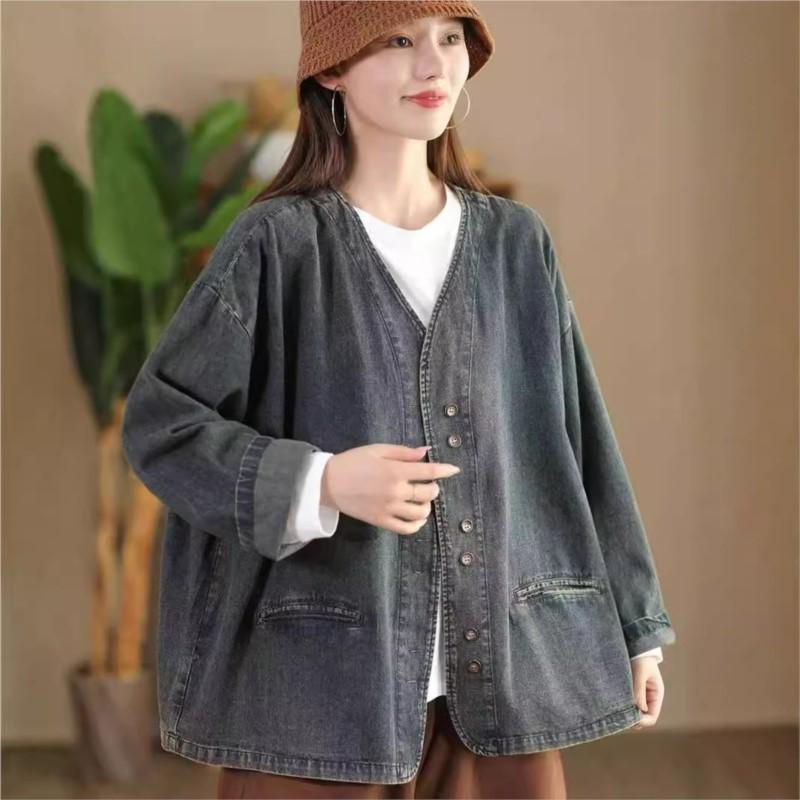 Johnature Dámský podzimní vintage kabát s dlouhým rukávem, módní véčkový výstřih, volný kovbojský kabát, ležérní vintage retro osobitý kabát